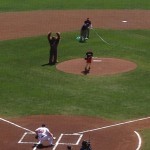 Chewbacca cheering on the ceremonial first pitch